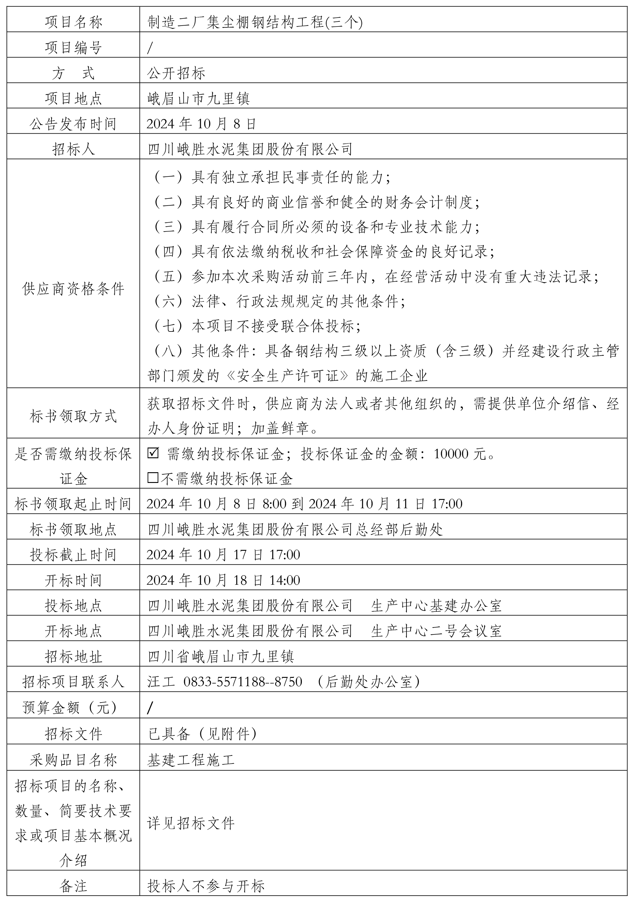 20241008制造二廠集塵棚鋼結(jié)構(gòu)工程招標公告簽發(fā)稿-2